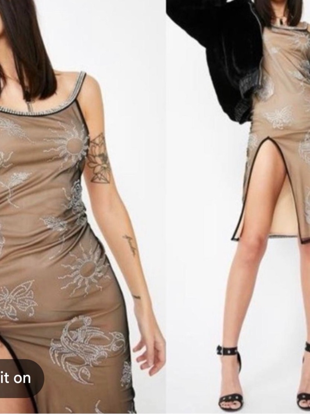 Jaded London Taupe Sheer Embroidered Slip Dress with Black Trim
